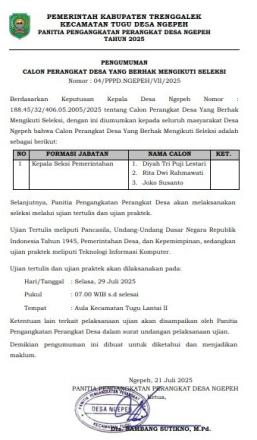 PENGUMUMAN PESERTA YANG BERHAK MENGIKUTI SELEKSI PENGANGKATAN PERANGKAT DESA TAHUN 2025